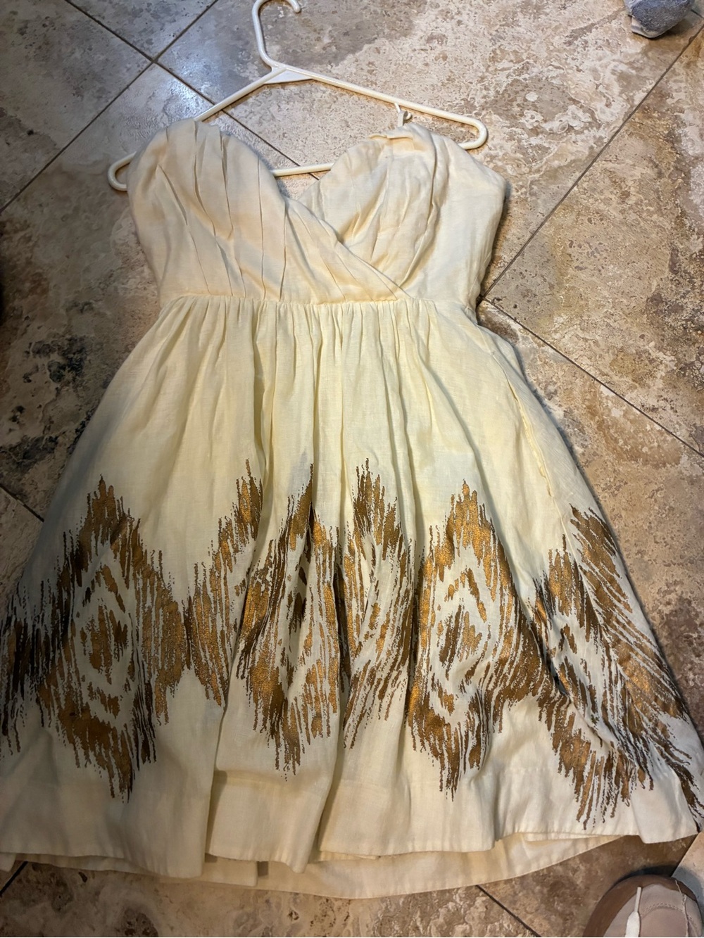 Moulinette Soeurs Cream Strapless Sweetheart Dress with Gold Embroidery
